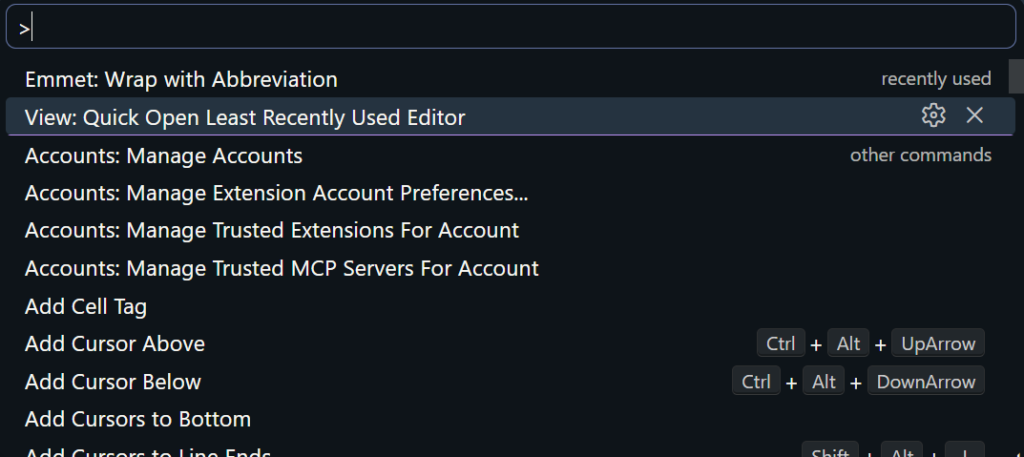 VS Code interface showing the Command Palette open and multi-cursor editing being used in a block of code