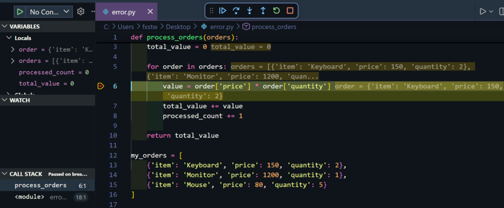 VS Code debugging panel showing an active breakpoint, a paused execution line, and real-time variable inspection.