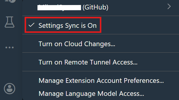 VS Code user account menu indicating that native settings and preferences synchronization is active.