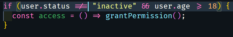 Code comparison between a standard font and a font with ligatures enabled, highlighting the clarity of logical operators, second image.